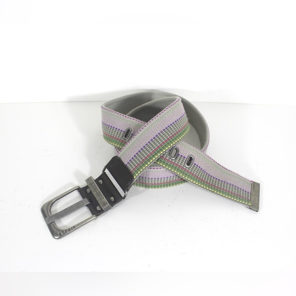 Colourful Wide Fabric Belt with Antiqued Silver Buckle Gray Pink Green Yellow - Picture 1 of 6